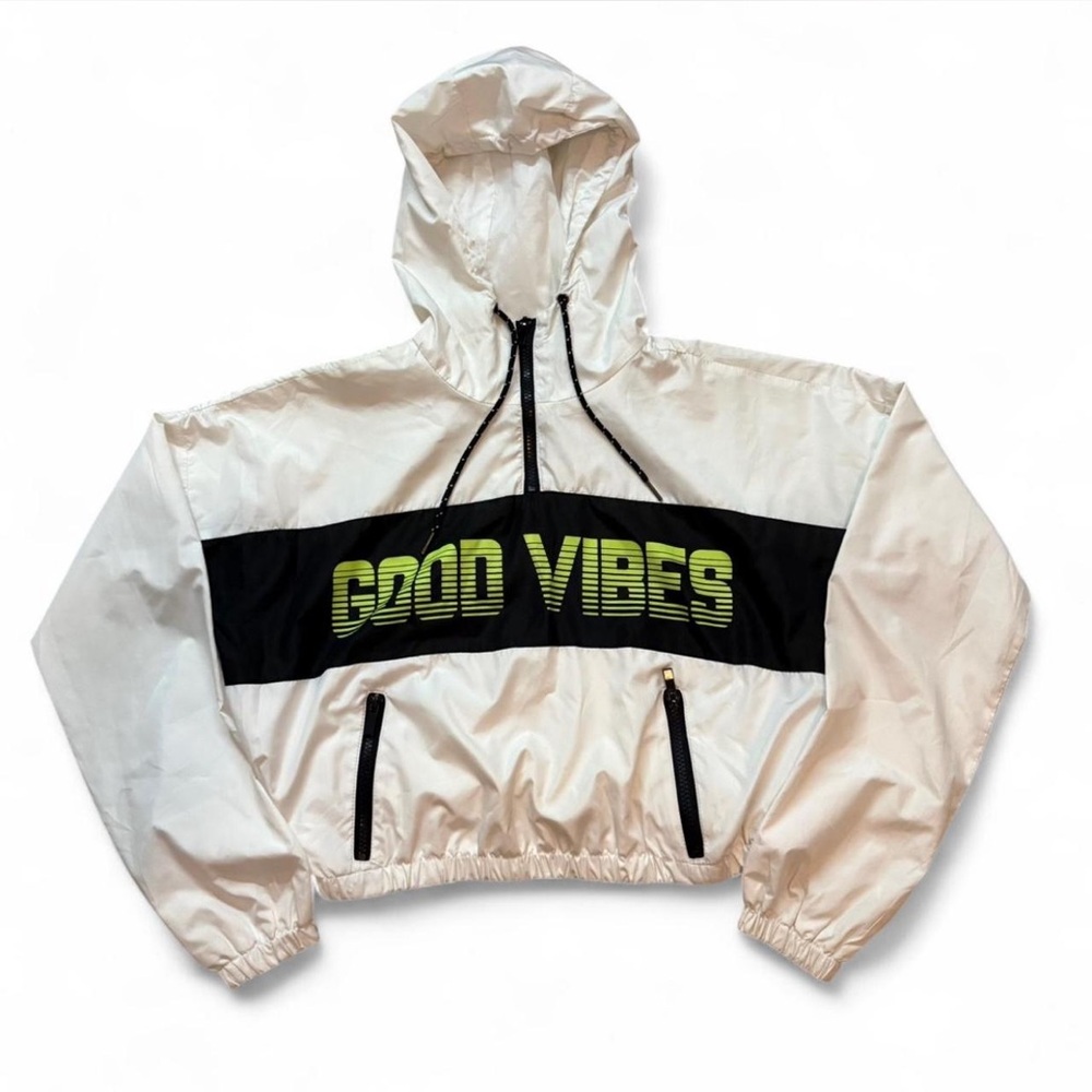 Rue21 White and Black 'Good Vibes' Cropped Half Zip Up Hoodie